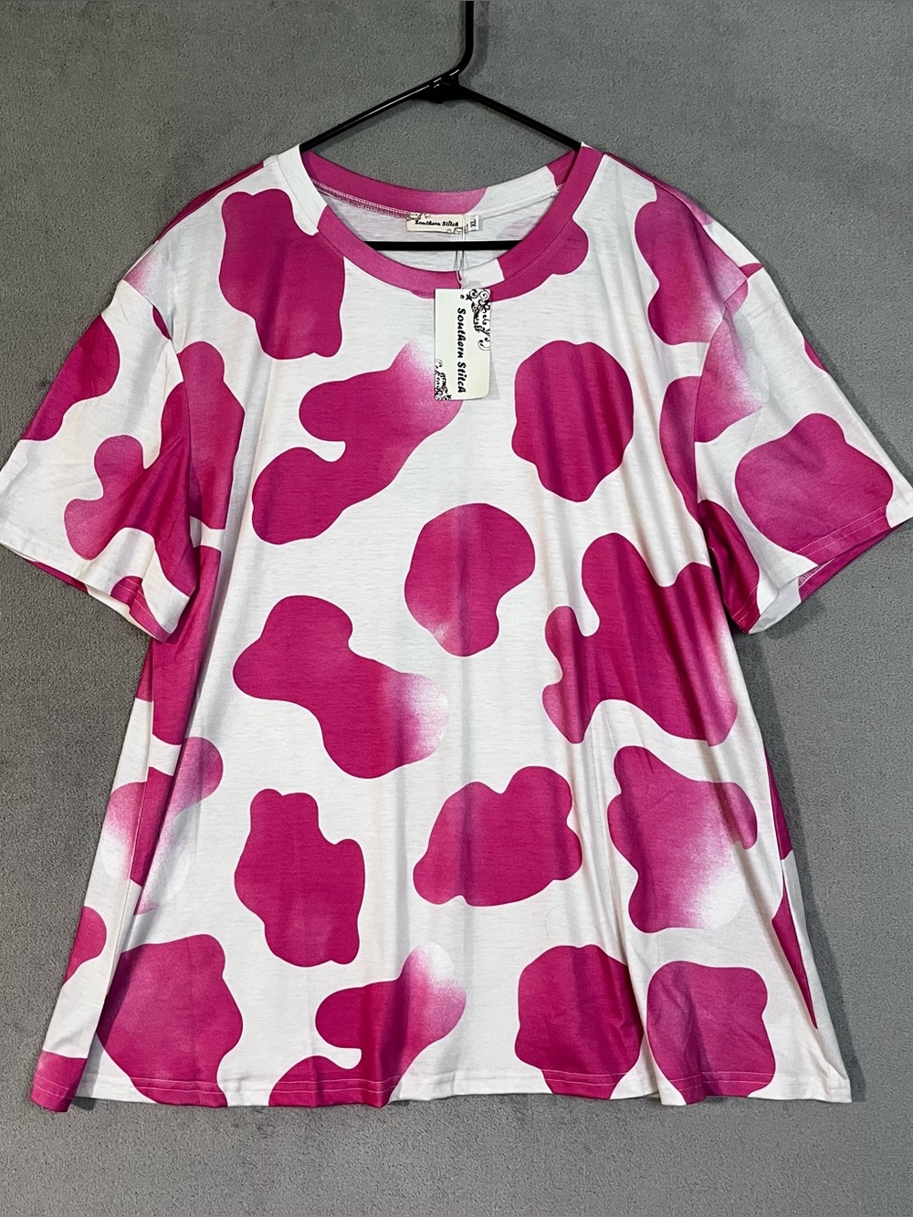 NWT Southern Stitch Pink Cow Print Top Short Sleeve Womens XL Fringe